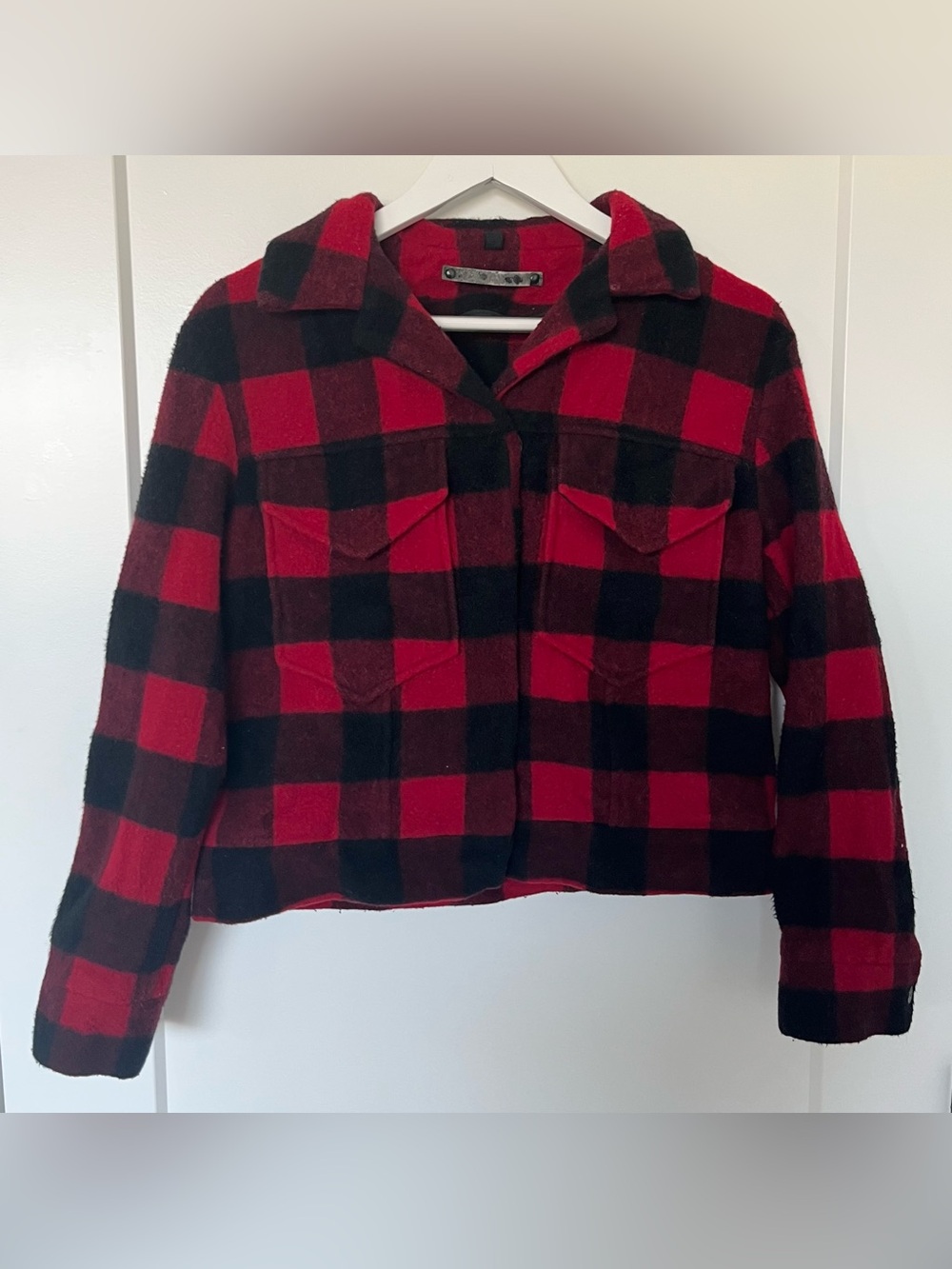 Topshop Womens Red Black
Buffalo Plaid Check Wool Blend
Cropped Shacket Jacket 4